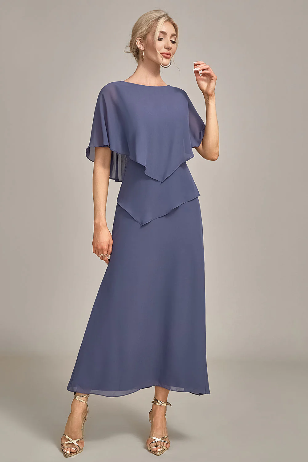 A Line Scoop Tea-Length Stormy Chiffon Mother of the Bride Dress - Image 5