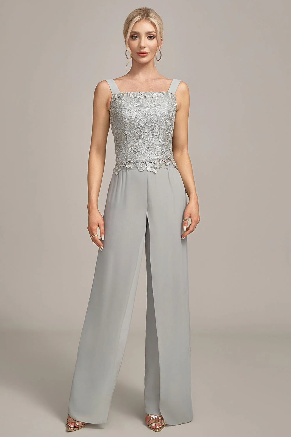 Silver Chiffon Pant and Lace Top Mother of The Bride Wide Pant Suits - Image 3
