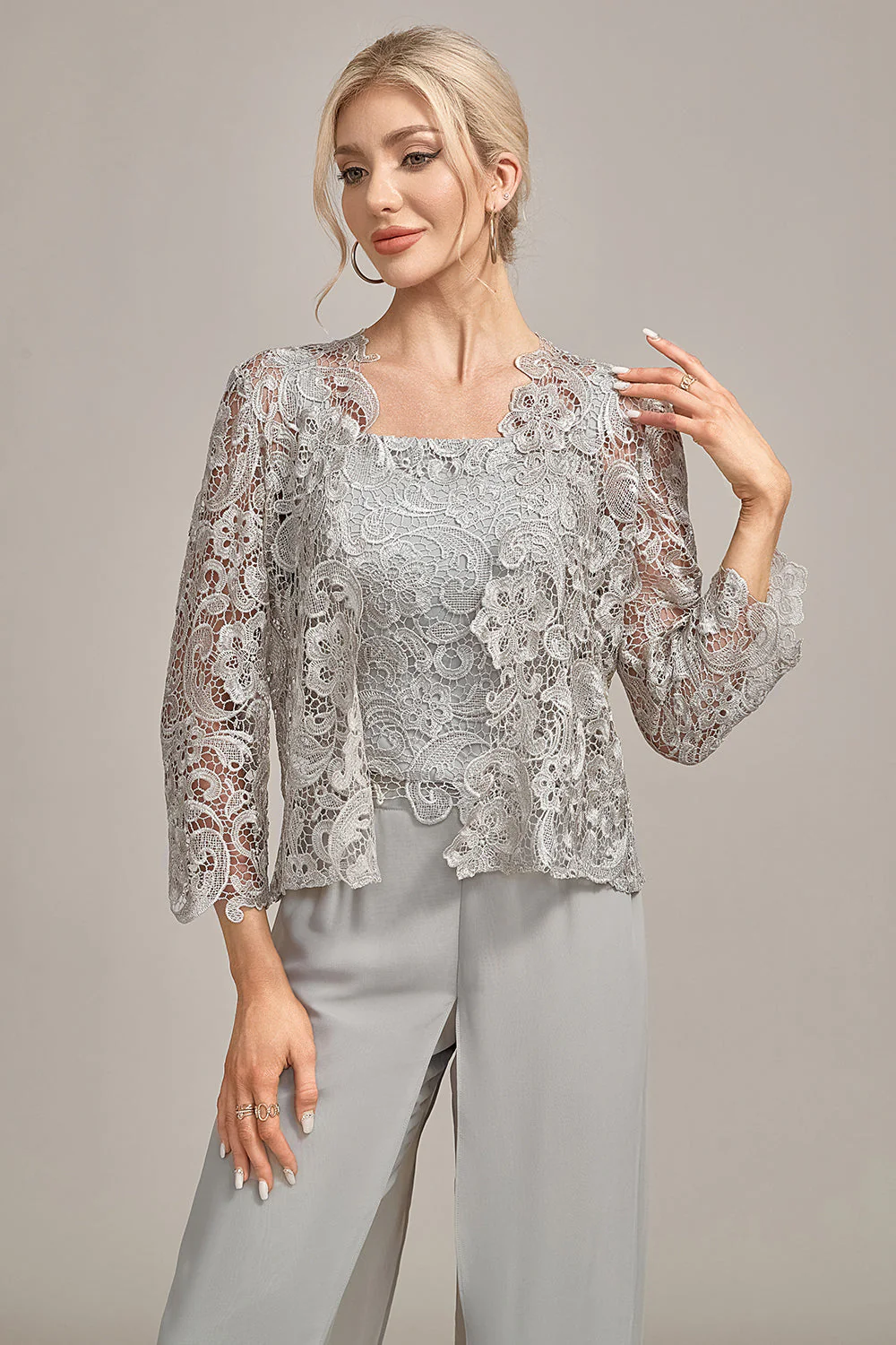 Silver Chiffon Pant and Lace Top Mother of The Bride Wide Pant Suits - Image 4