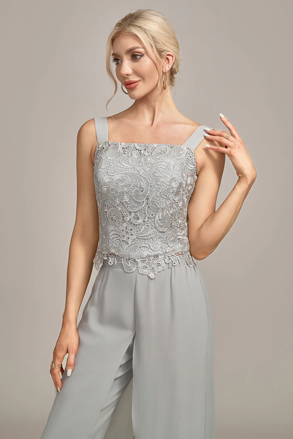 Silver Chiffon Pant and Lace Top Mother of The Bride Wide Pant Suits - Image 5