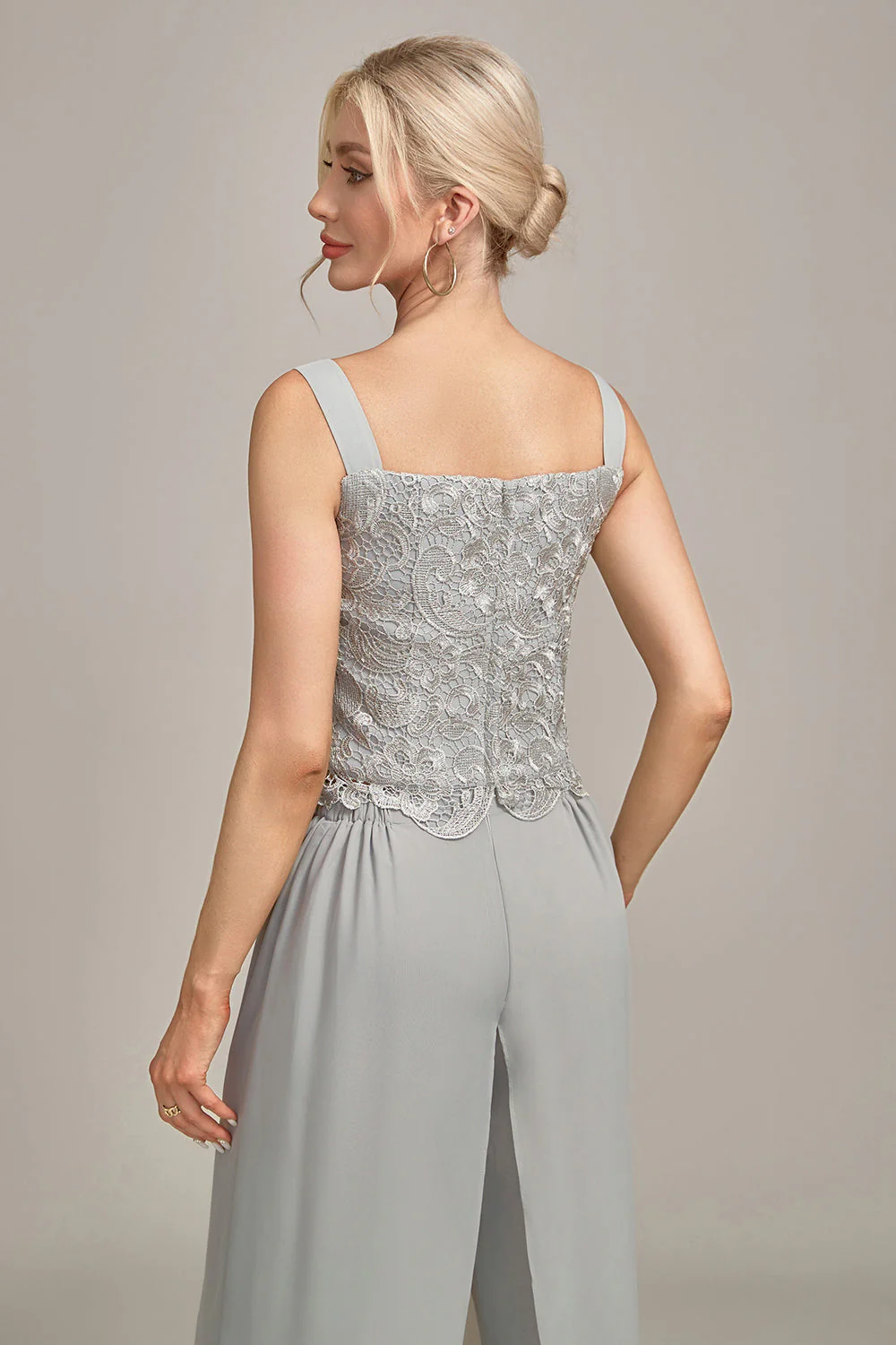 Silver Chiffon Pant and Lace Top Mother of The Bride Wide Pant Suits - Image 6