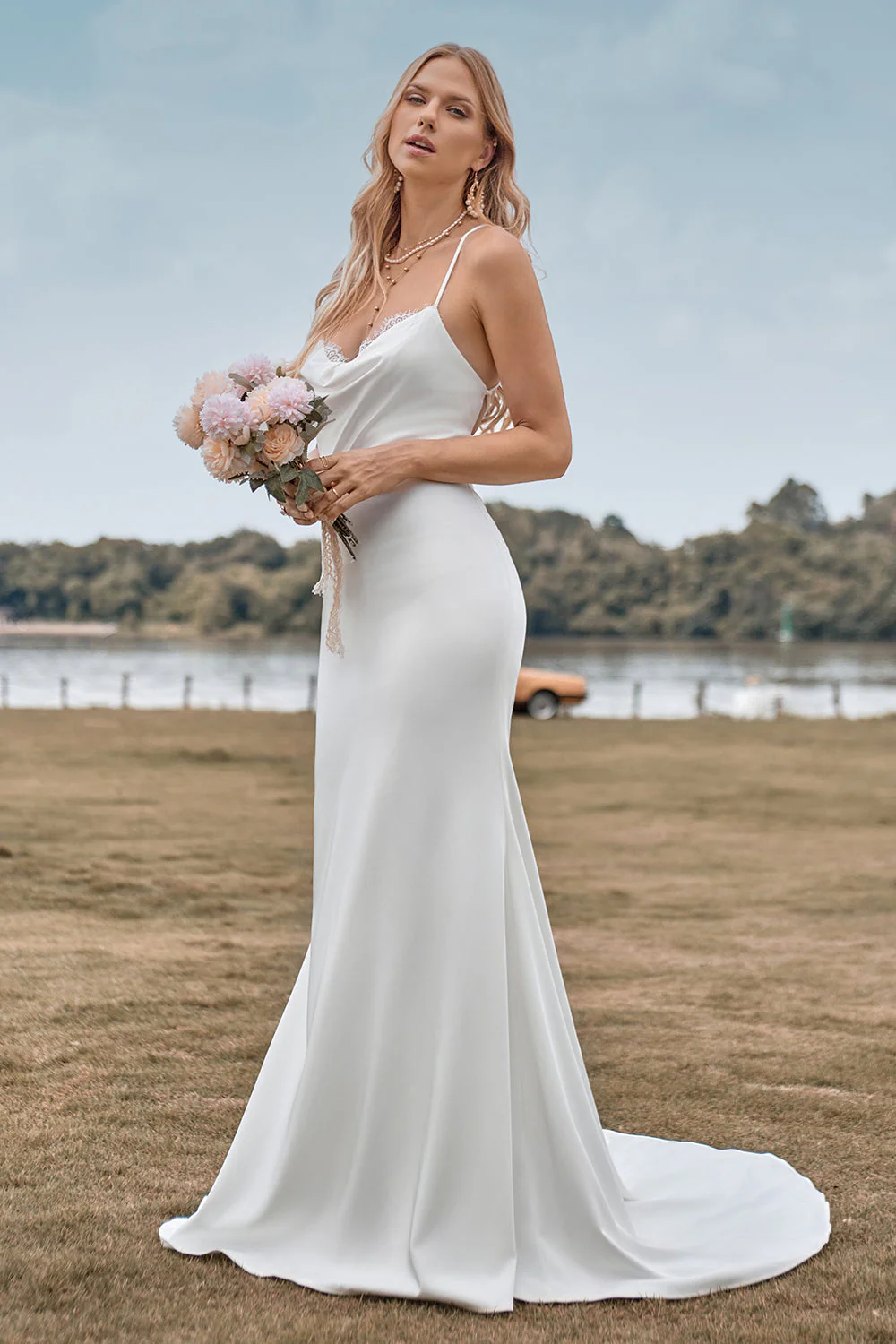 Simple Spaghetti Straps White Bridal Dress with Criss Cross Back - Image 3