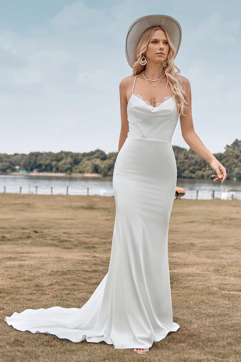 Simple Spaghetti Straps White Bridal Dress with Criss Cross Back - Image 4