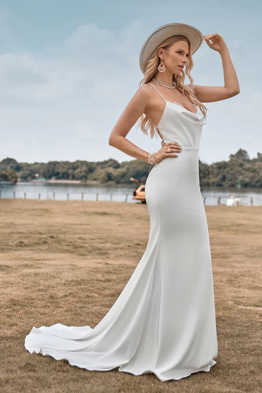 Simple Spaghetti Straps White Bridal Dress with Criss Cross Back - Image 5