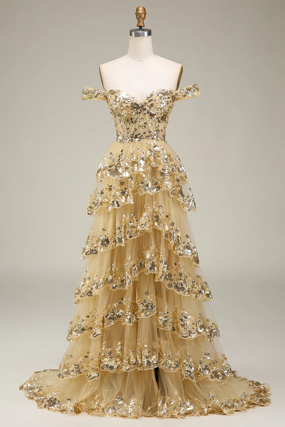 Sparkly Black Golden Tiered Lace A-Line Long Prom Dress with Slit - Image 13