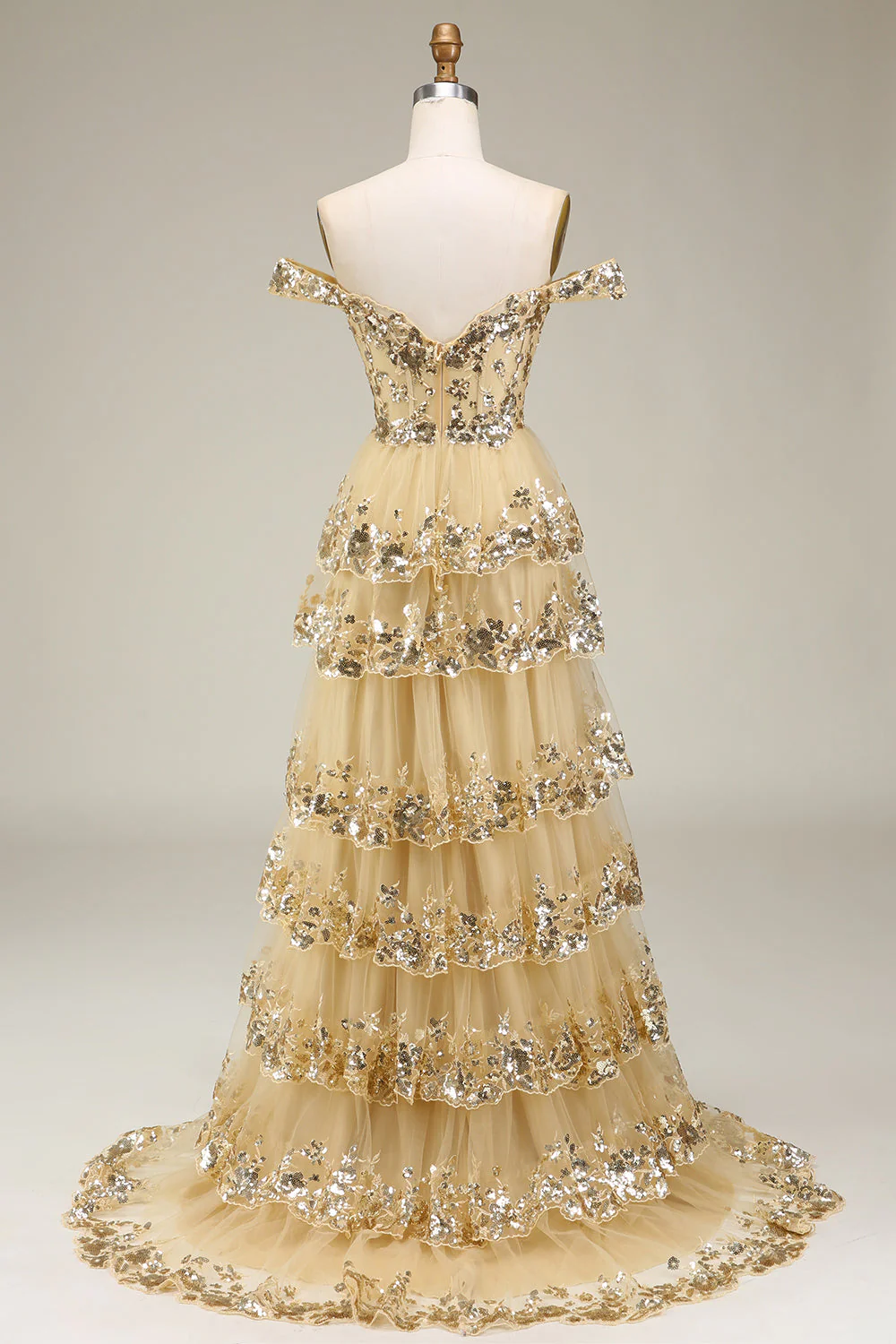 Sparkly Black Golden Tiered Lace A-Line Long Prom Dress with Slit - Image 14