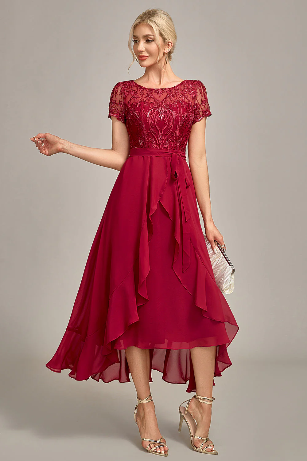 Sparkly Burgundy Asymmetrical Sequin Mother of Bride Dress with Appliques - Image 3