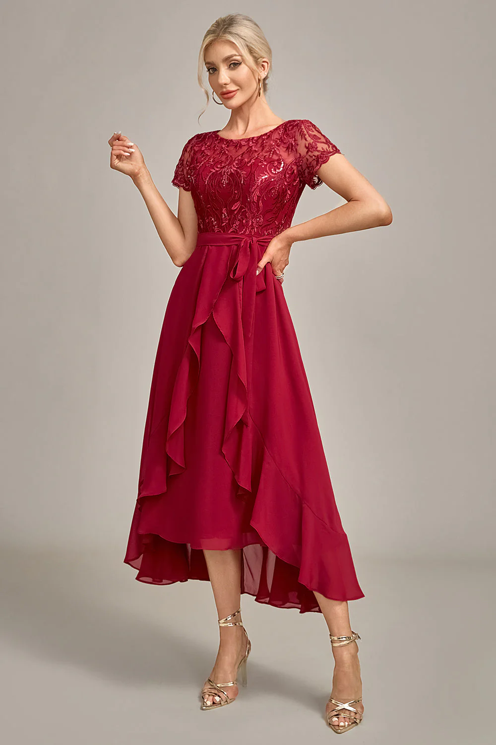 Sparkly Burgundy Asymmetrical Sequin Mother of Bride Dress with Appliques - Image 4