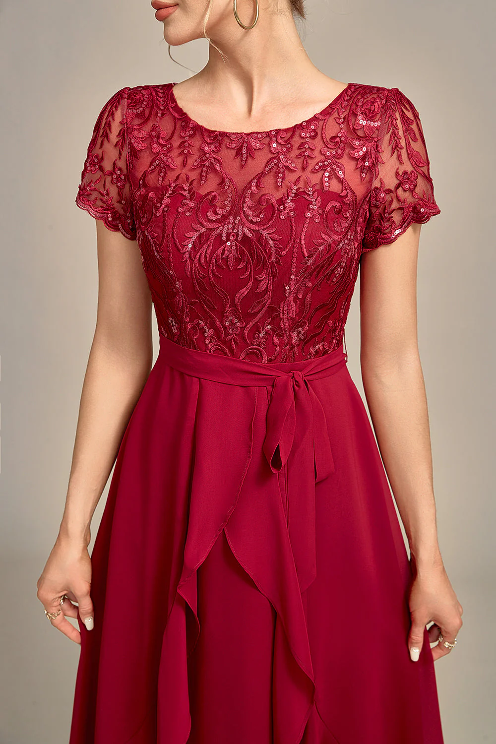 Sparkly Burgundy Asymmetrical Sequin Mother of Bride Dress with Appliques - Image 5