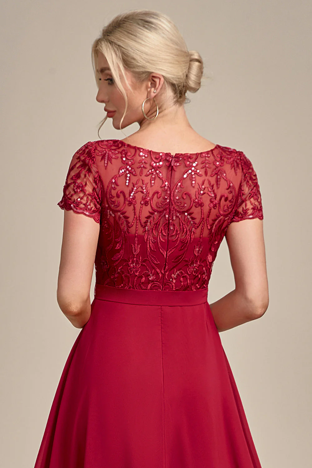 Sparkly Burgundy Asymmetrical Sequin Mother of Bride Dress with Appliques - Image 6