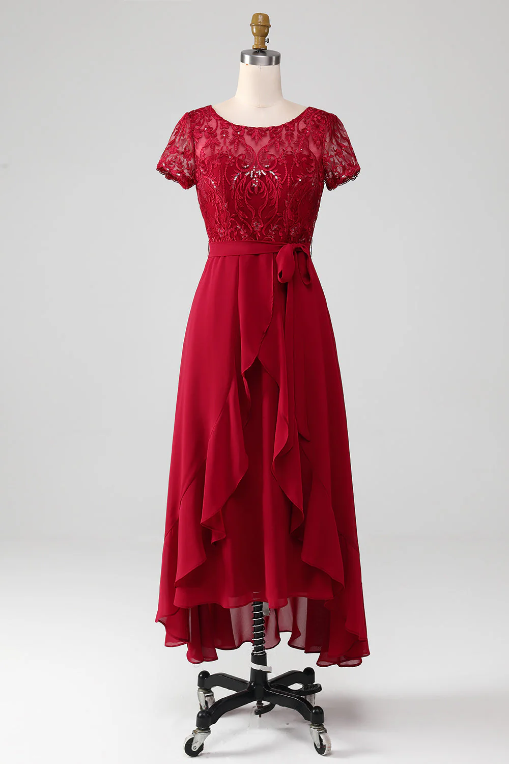 Sparkly Burgundy Asymmetrical Sequin Mother of Bride Dress with Appliques - Image 7