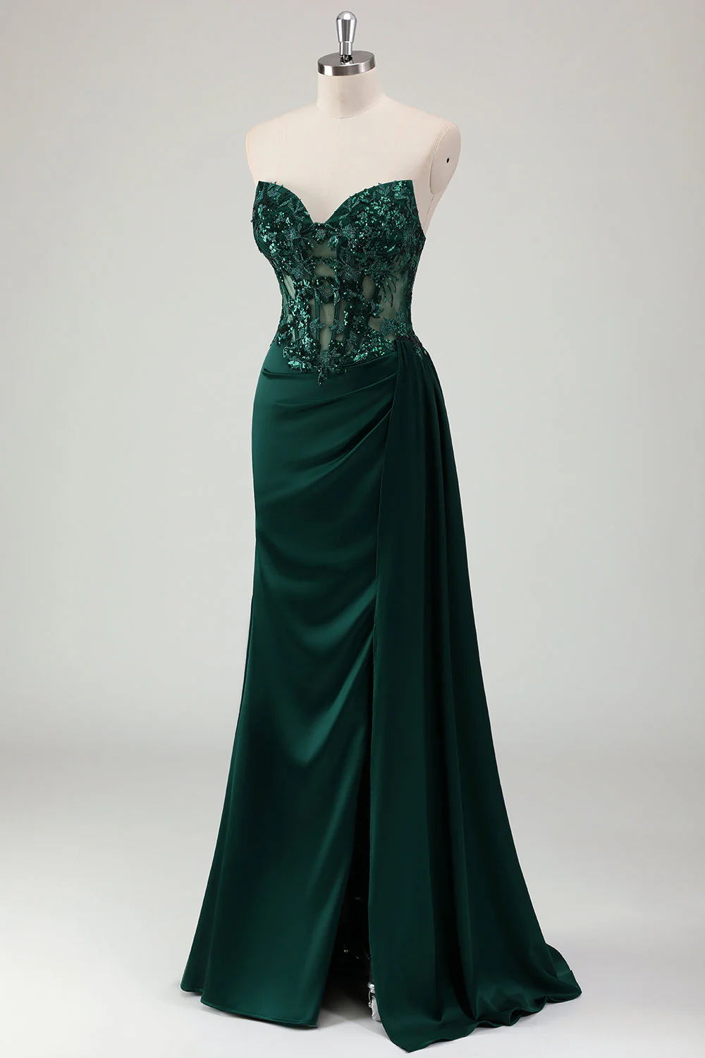 Sparkly Dark Green Mermaid Sweetheart Corset Long Prom Dress with Slit - Image 3
