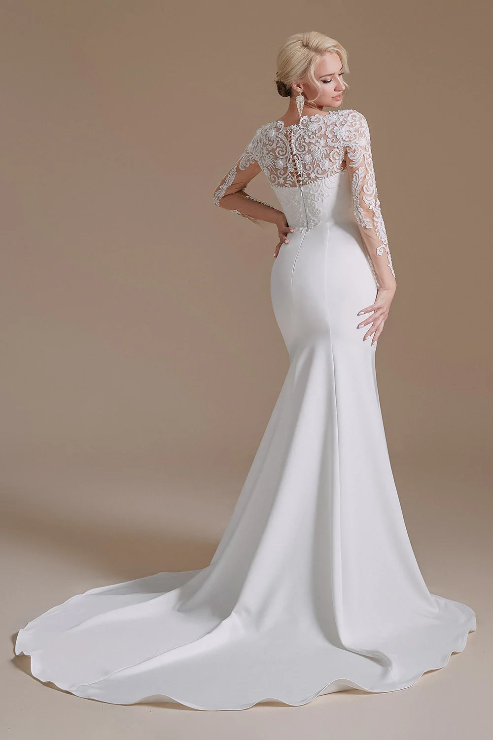 White Mermaid Long Sleeves Sweep Train Wedding Dress with Lace - Image 7