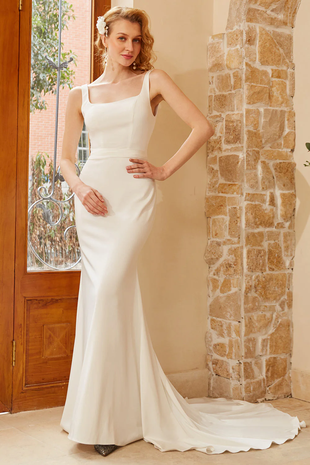 White Wedding Dress With Sweep Train - Image 4